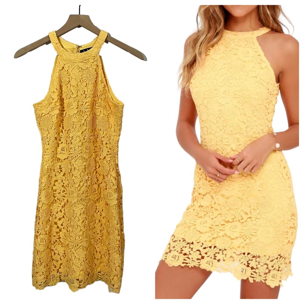 Lulus Love Poem Yellow Lace Mini Dress - Medium
